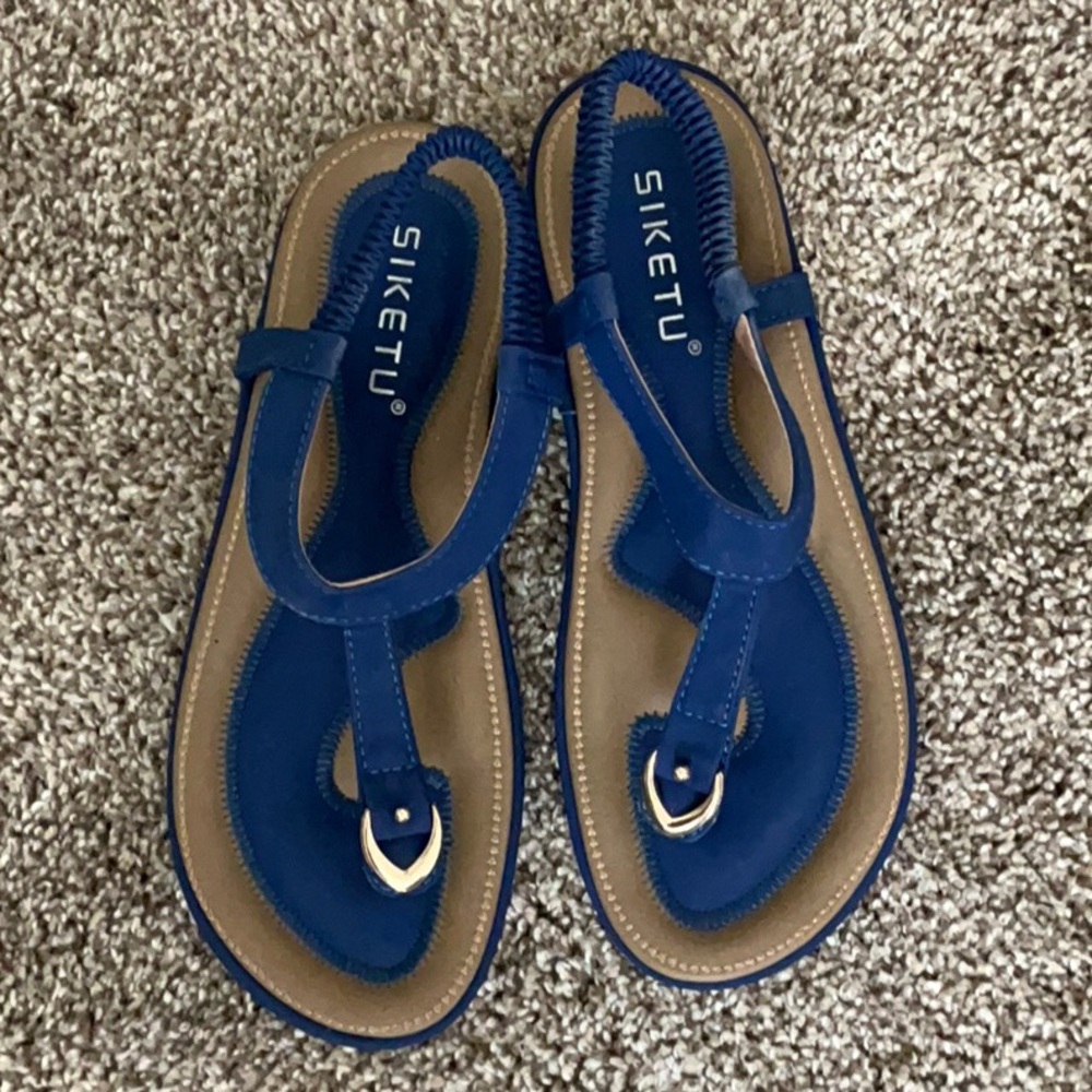 Blue and Tan Thong Sandals with Y-Strap